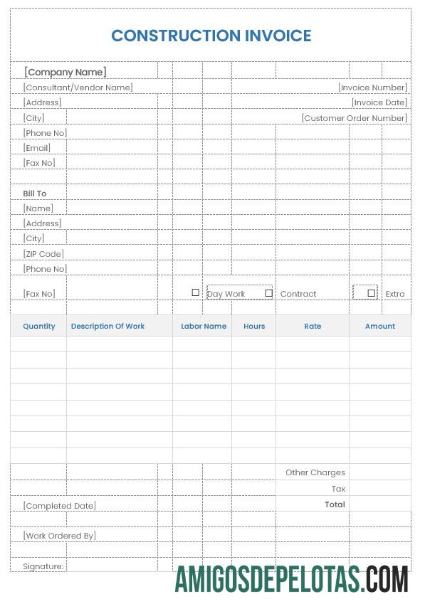 em branco Exemplo de modelo de fatura de construção